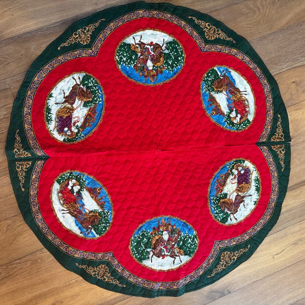 Vintage 90s Cranston VIP Quilted Christmas Tree Skirt 54" Old World Folk Santa